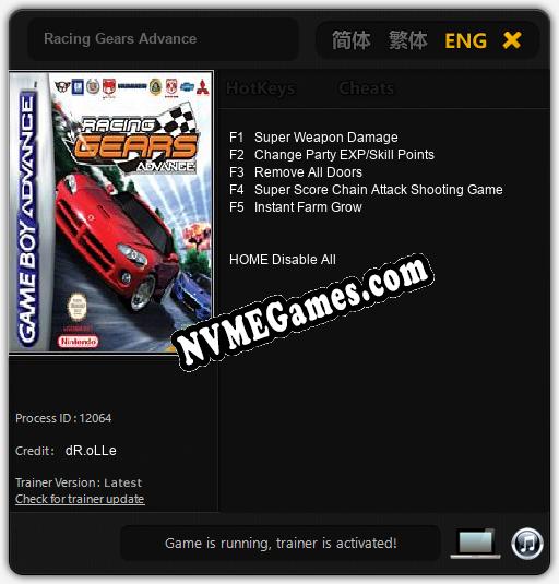 Racing Gears Advance: Treinador (V1.0.5)