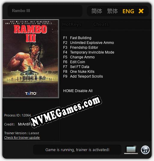 Treinador liberado para Rambo III [v1.0.9]