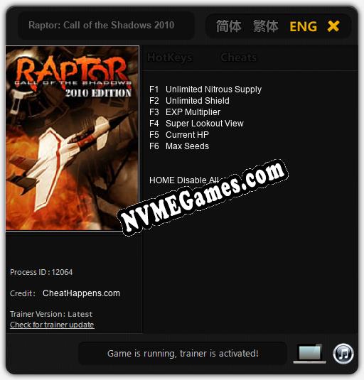 Raptor: Call of the Shadows 2010 Edition: Trainer +6 [v1.8]