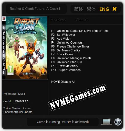 Treinador liberado para Ratchet & Clank Future: A Crack in Time [v1.0.3]