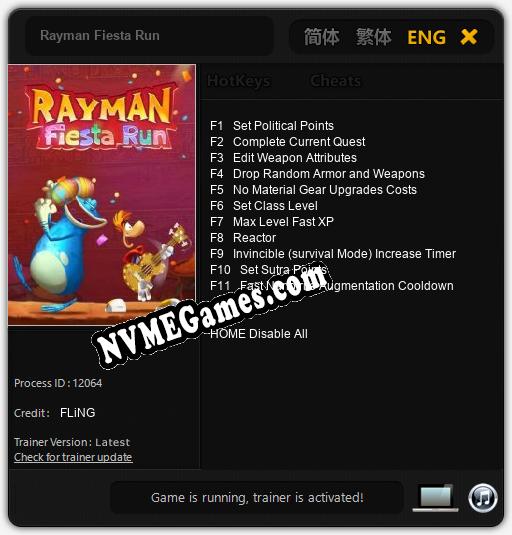 Rayman Fiesta Run: Trainer +11 [v1.6]