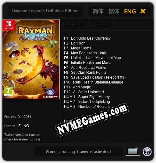 Treinador liberado para Rayman Legends Definitive Edition [v1.0.1]