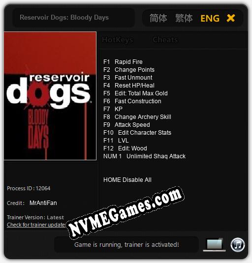 Treinador liberado para Reservoir Dogs: Bloody Days [v1.0.9]