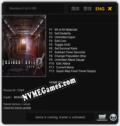 Treinador liberado para Resident Evil 0 HD [v1.0.4]