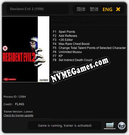 Treinador liberado para Resident Evil 2 (1998) [v1.0.4]