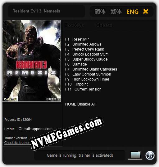 Resident Evil 3: Nemesis: Cheats, Trainer +11 [CheatHappens.com]