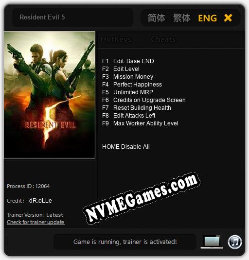 Treinador liberado para Resident Evil 5 [v1.0.6]