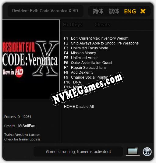 Treinador liberado para Resident Evil: Code Veronica X HD [v1.0.6]