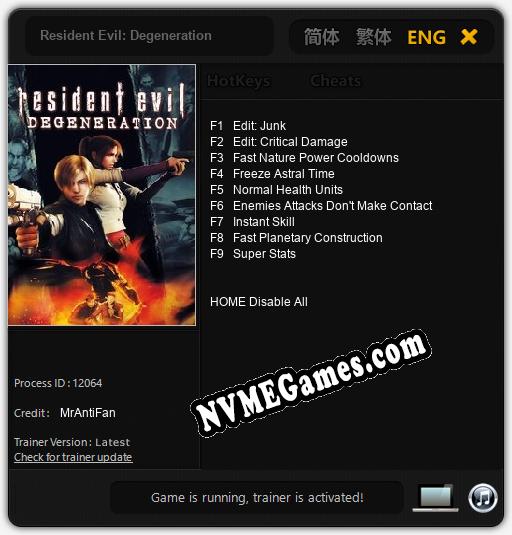 Treinador liberado para Resident Evil: Degeneration [v1.0.4]