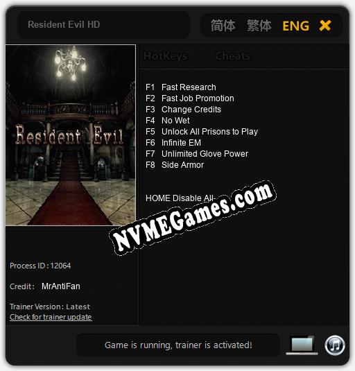 Treinador liberado para Resident Evil HD [v1.0.2]