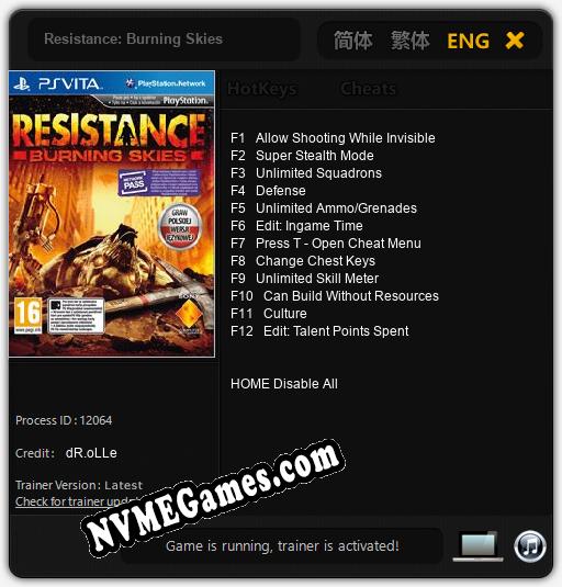 Treinador liberado para Resistance: Burning Skies [v1.0.3]