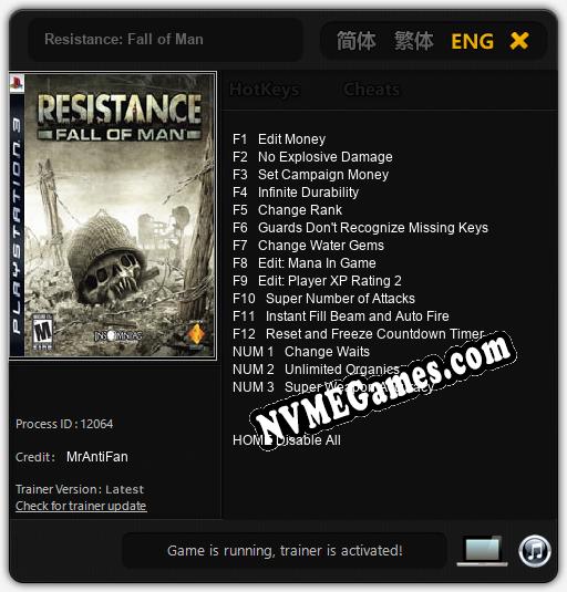 Treinador liberado para Resistance: Fall of Man [v1.0.6]