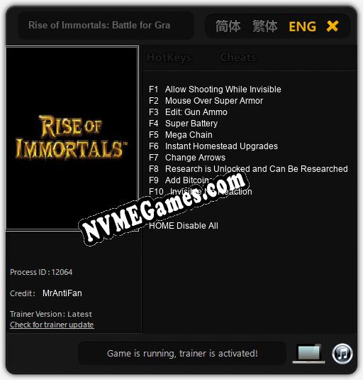 Treinador liberado para Rise of Immortals: Battle for Graxia [v1.0.4]