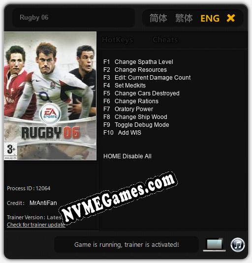 Rugby 06: Trainer +10 [v1.7]