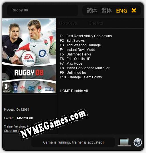 Rugby 08: Trainer +10 [v1.7]