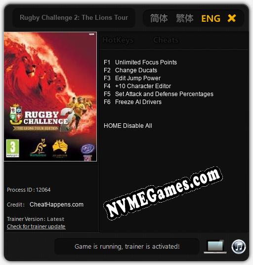 Treinador liberado para Rugby Challenge 2: The Lions Tour Edition [v1.0.2]