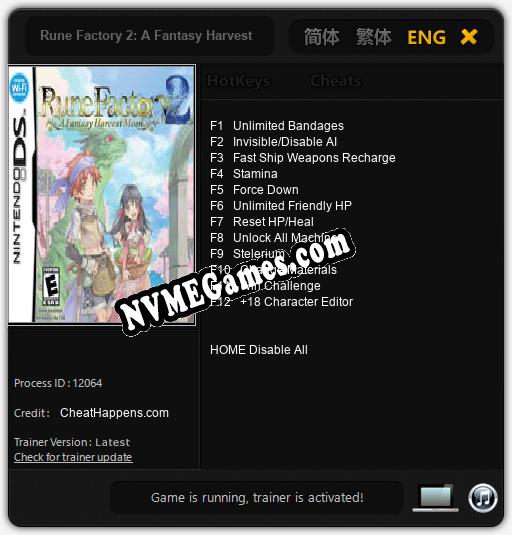 Rune Factory 2: A Fantasy Harvest Moon: Treinador (V1.0.93)