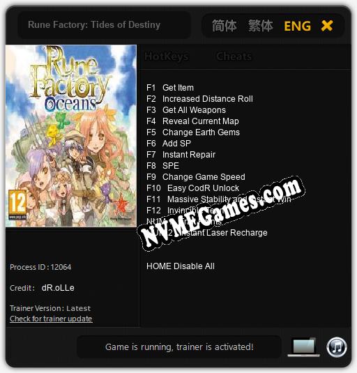 Treinador liberado para Rune Factory: Tides of Destiny [v1.0.9]