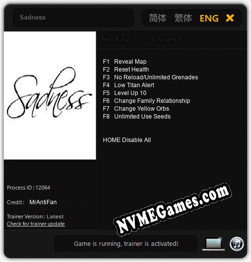 Sadness: Cheats, Trainer +8 [MrAntiFan]