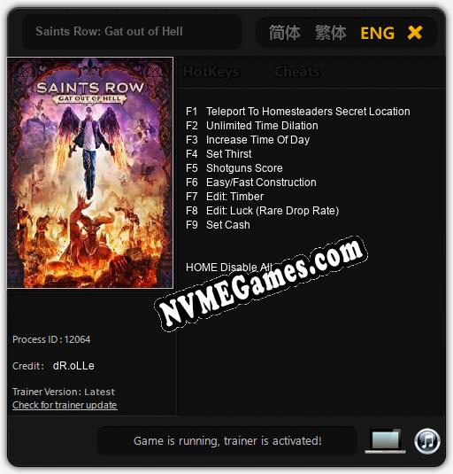 Saints Row: Gat out of Hell: Trainer +9 [v1.2]