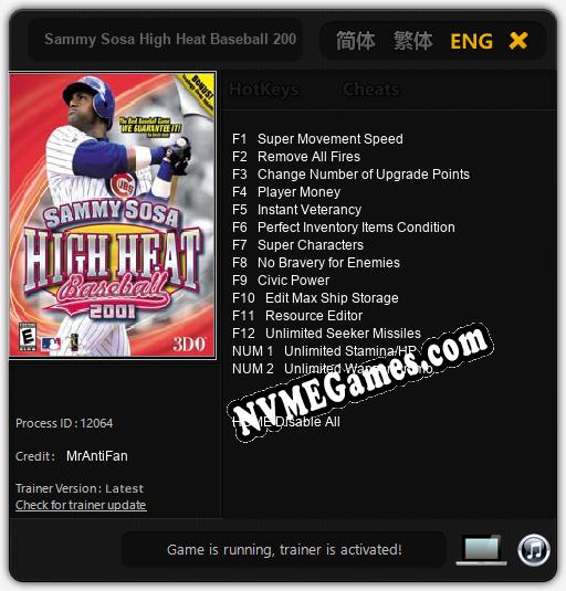 Sammy Sosa High Heat Baseball 2001: Trainer +14 [v1.3]