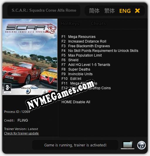 S.C.A.R.: Squadra Corse Alfa Romeo: Cheats, Trainer +12 [FLiNG]