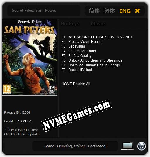 Treinador liberado para Secret Files: Sam Peters [v1.0.7]