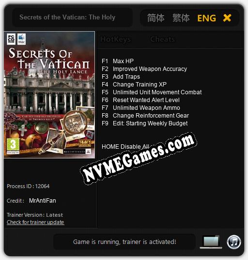 Secrets of the Vatican: The Holy Lance: Treinador (V1.0.89)