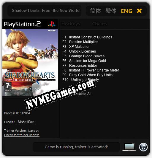 Shadow Hearts: From the New World: Trainer +10 [v1.5]