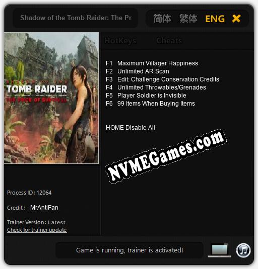 Shadow of the Tomb Raider: The Price of Survival: Treinador (V1.0.29)