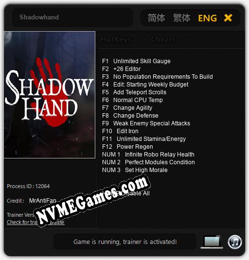 Shadowhand: Cheats, Trainer +15 [MrAntiFan]