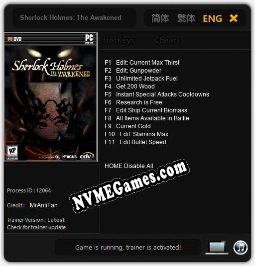 Treinador liberado para Sherlock Holmes: The Awakened [v1.0.8]