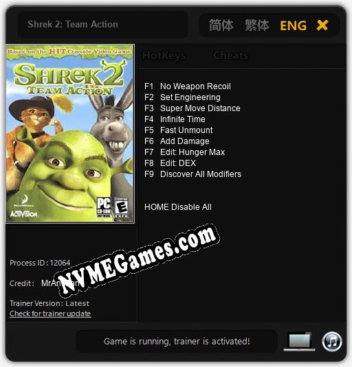 Treinador liberado para Shrek 2: Team Action [v1.0.2]