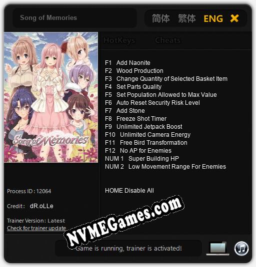 Treinador liberado para Song of Memories [v1.0.9]