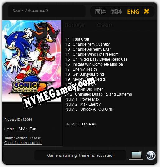 Treinador liberado para Sonic Adventure 2 [v1.0.7]