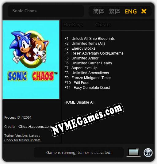 Sonic Chaos: Cheats, Trainer +11 [CheatHappens.com]