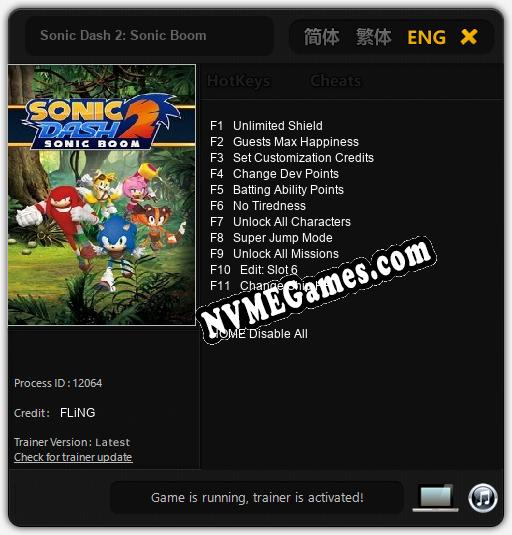 Sonic Dash 2: Sonic Boom: Trainer +11 [v1.9]