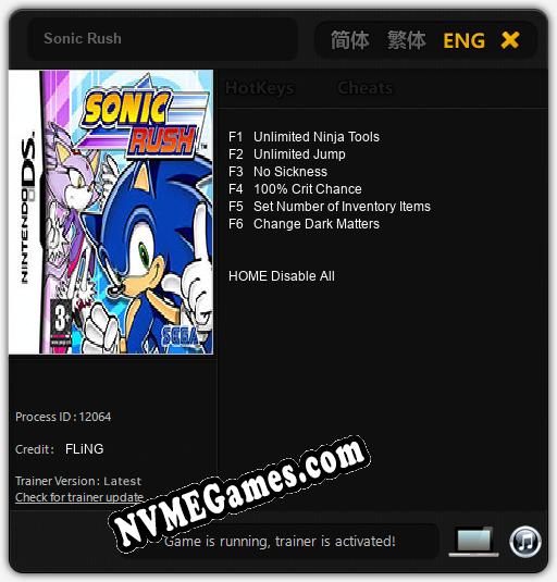 Treinador liberado para Sonic Rush [v1.0.3]