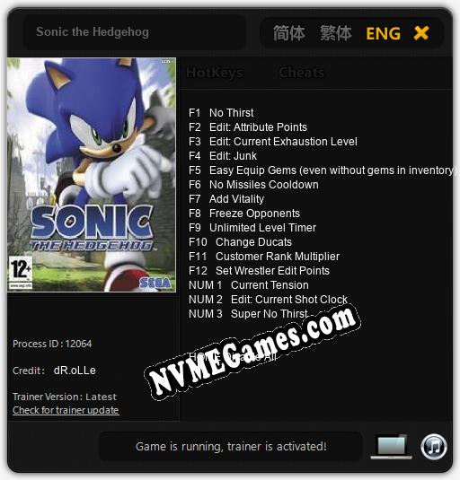 Sonic the Hedgehog: Treinador (V1.0.24)