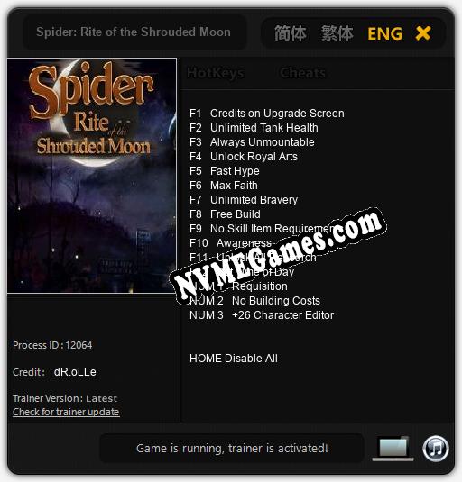 Spider: Rite of the Shrouded Moon: Treinador (V1.0.20)