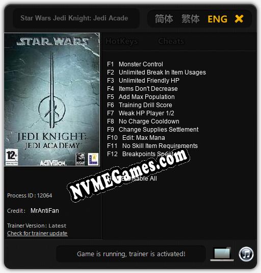 Star Wars Jedi Knight: Jedi Academy: Treinador (V1.0.50)