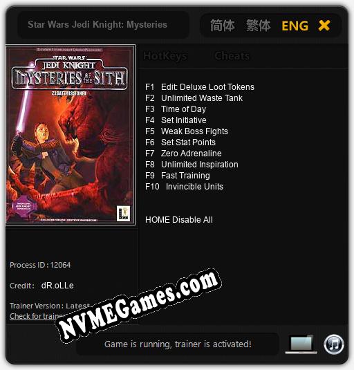 Treinador liberado para Star Wars Jedi Knight: Mysteries of the Sith [v1.0.8]