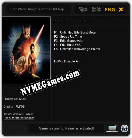 Treinador liberado para Star Wars: Knights of the Old Republic Remake [v1.0.8]