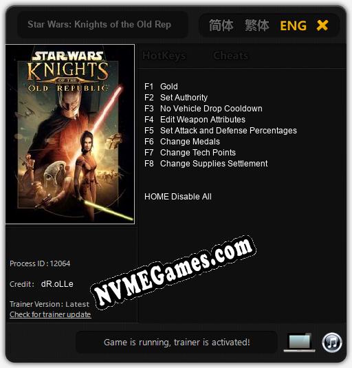 Treinador liberado para Star Wars: Knights of the Old Republic [v1.0.6]