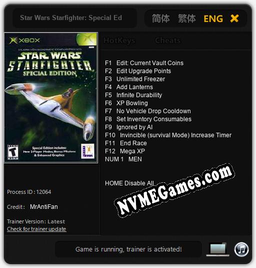 Treinador liberado para Star Wars Starfighter: Special Edition [v1.0.6]