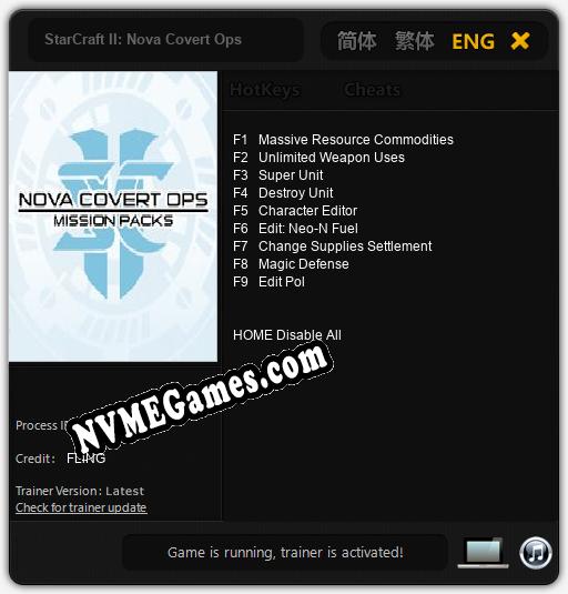 Treinador liberado para StarCraft II: Nova Covert Ops [v1.0.8]
