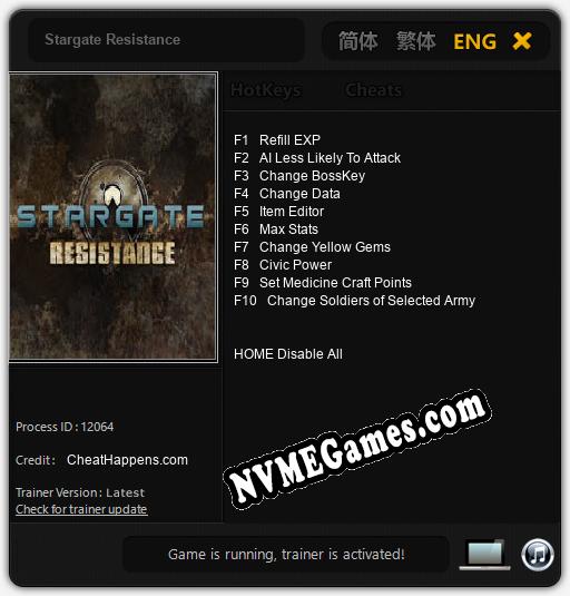 Treinador liberado para Stargate Resistance [v1.0.9]