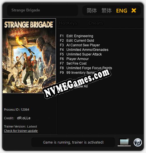 Treinador liberado para Strange Brigade [v1.0.2]