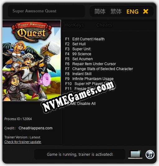 Super Awesome Quest: Treinador (V1.0.36)