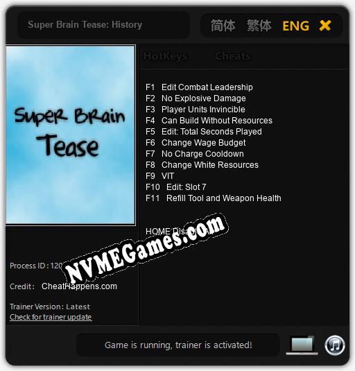 Super Brain Tease: History: Treinador (V1.0.60)